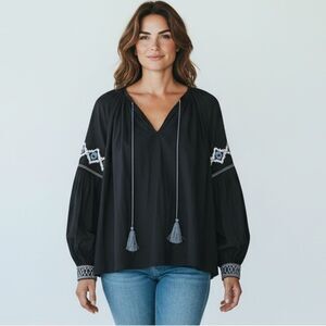 Marie Oliver Silekia Embroidered Blouse Size Large Navy Blue Blouson Sleeves